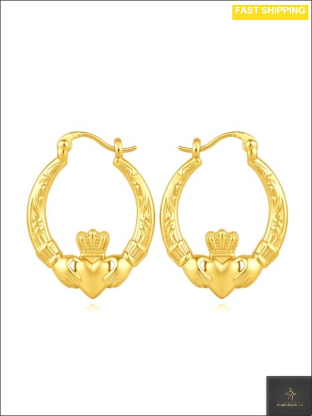 14k Gold Plated Claddagh Hoop Earrings Latch Back Celtic Huggie